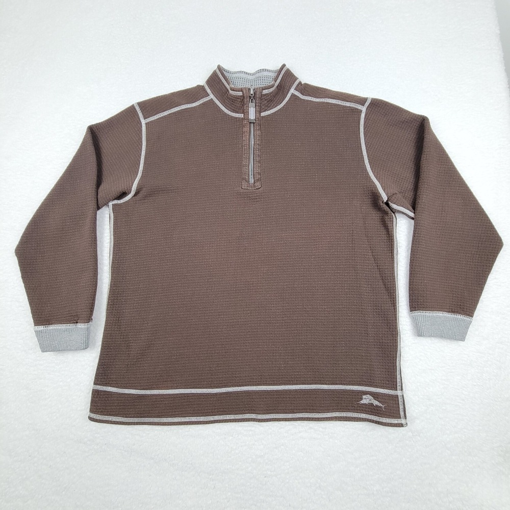 Tommy‎ Bahama Reversible 1/4 Zip Pullover Sweater Mens XL Brown Gray Knit Top